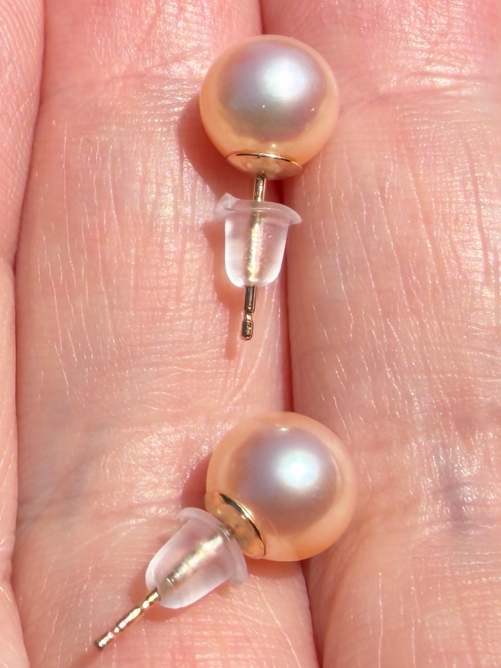 14k Yellow Gold High Qual Akoya Real pearl Earrings 9-10mm Luster Rose Overtone